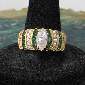 Vintage Pave Cocktail Ring Sterling Silver Green Clear Crystal Size 8.25